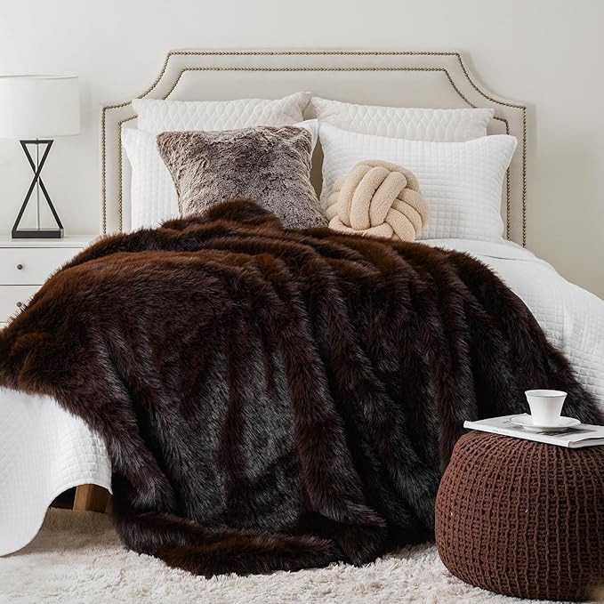 Keaton Faux Fur Throw - Taupe & Chocolate