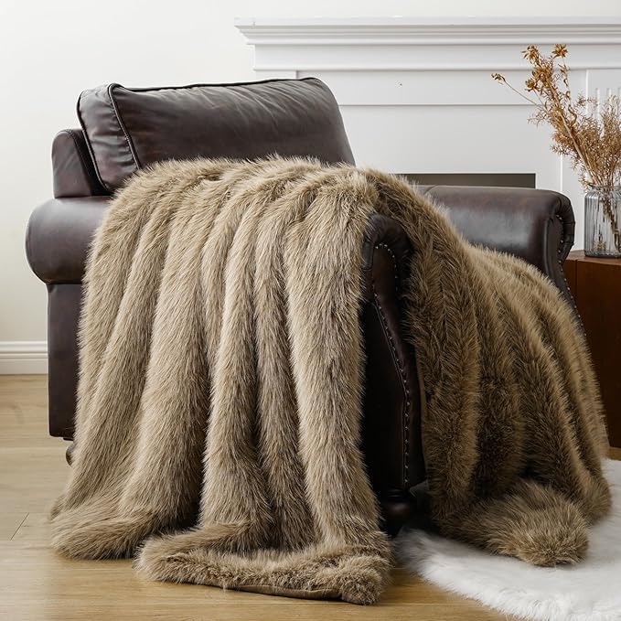 Keaton Faux Fur Throw - Taupe & Chocolate