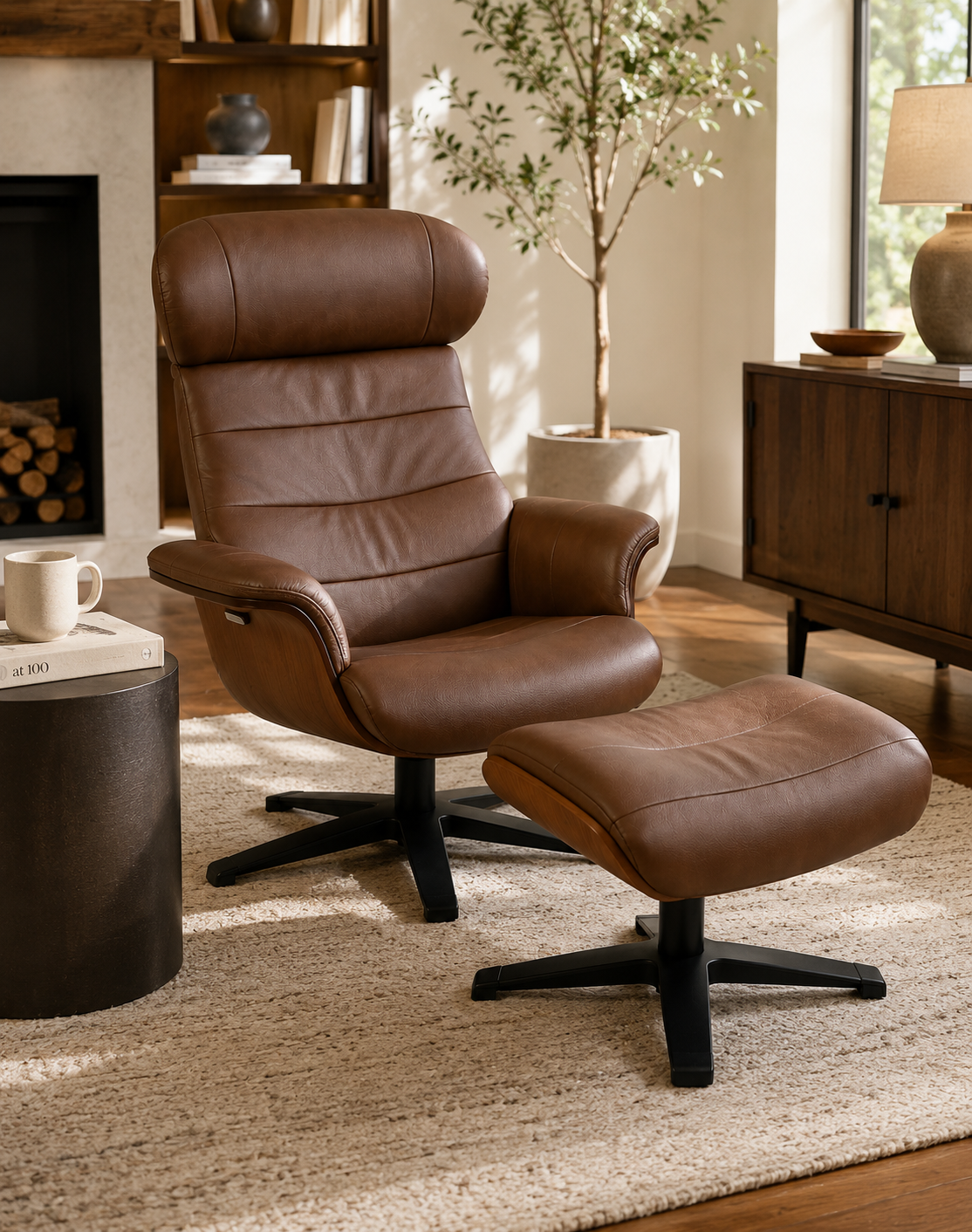 Arch Leather Lounge Accent Chair & Ottoman - Brown FLOOR MODEL