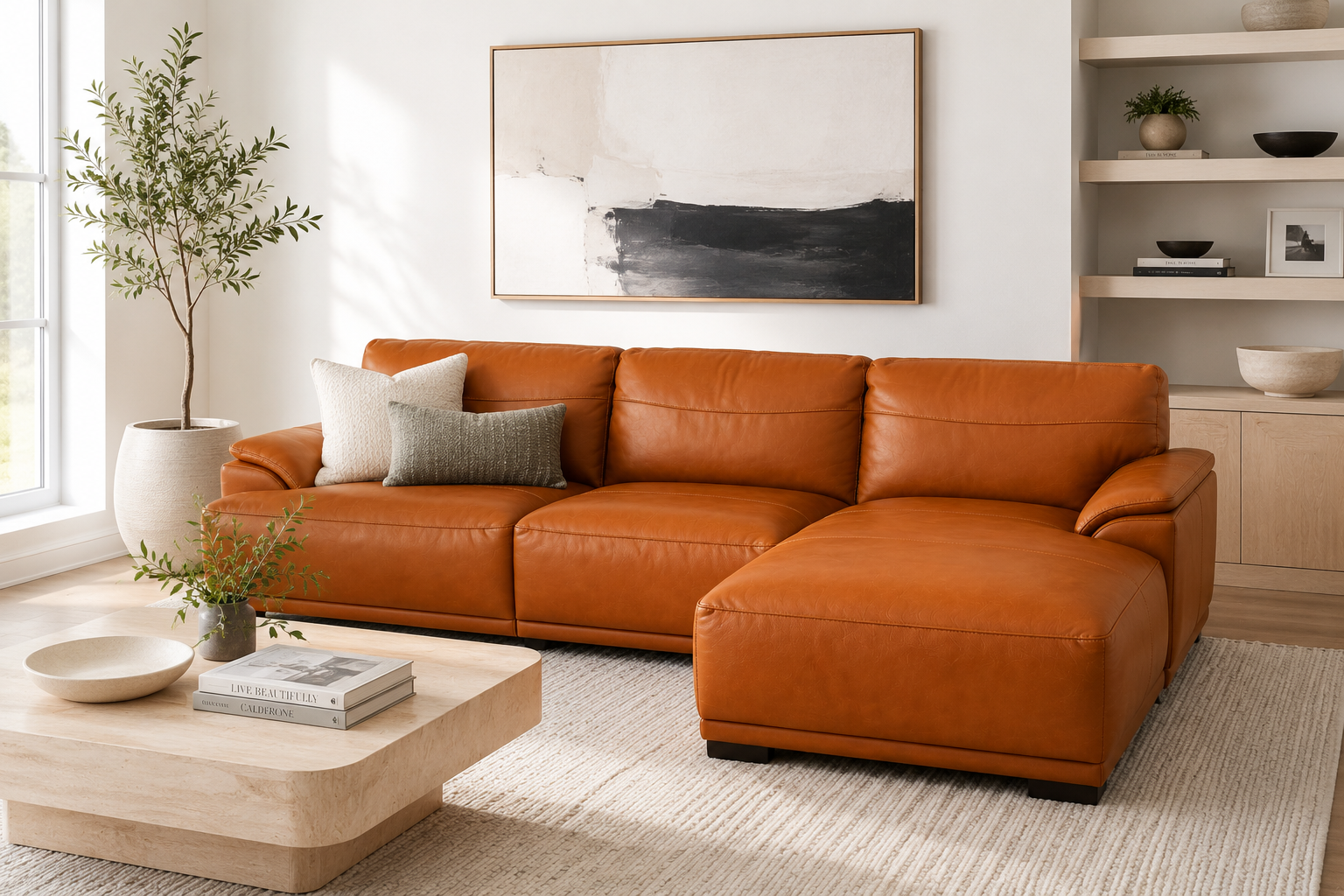 HLHF Berlin Saddle Leather 3 Piece Sectional Living, New Arrivals Furniture Store Burlington Ontario Near Me 