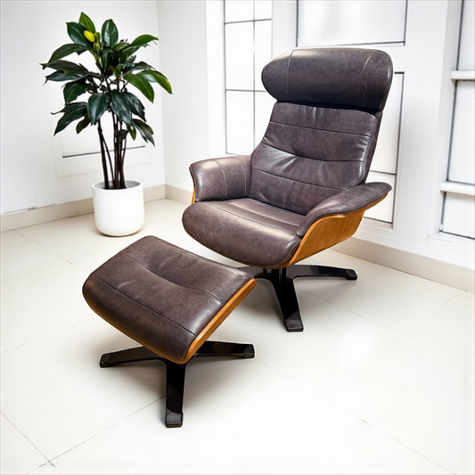 Arch Leather Lounge Accent Chair & Ottoman - Charcoal